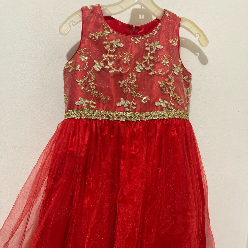 Girls' Red Embroidered Tulle Formal Dress